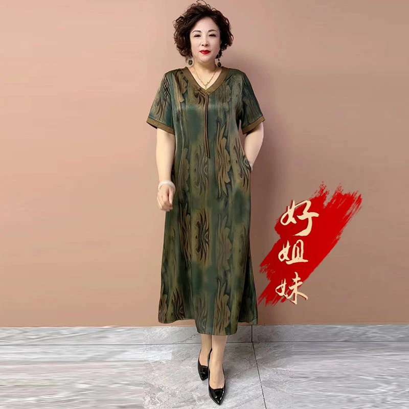 H夏季新款高档桑蚕丝连衣裙遮肚子显瘦中年妈妈高贵减龄过膝长裙