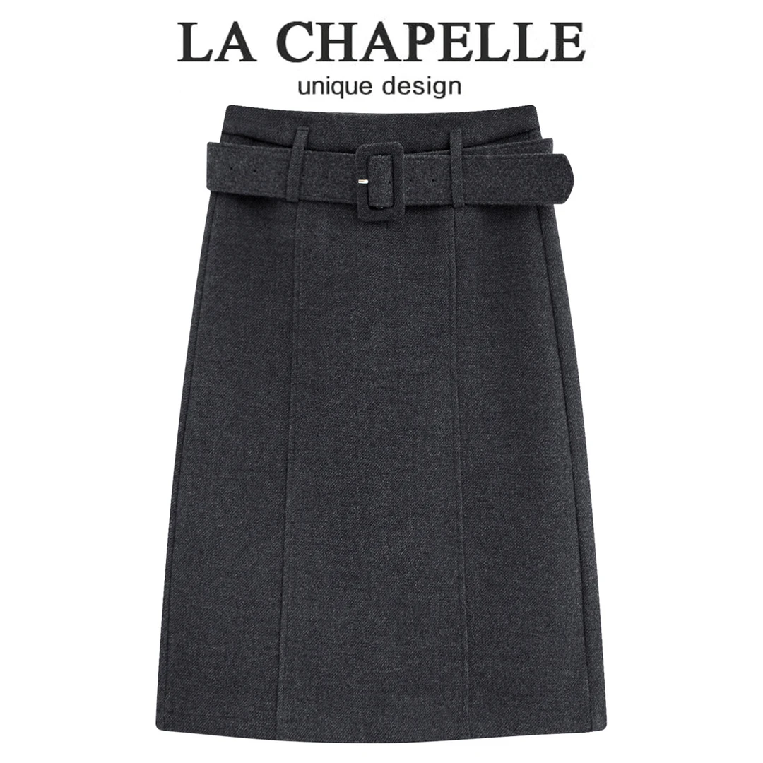 拉夏贝尔灰色毛呢西装半身裙女冬2025新款气质中裙高腰a字包臀裙