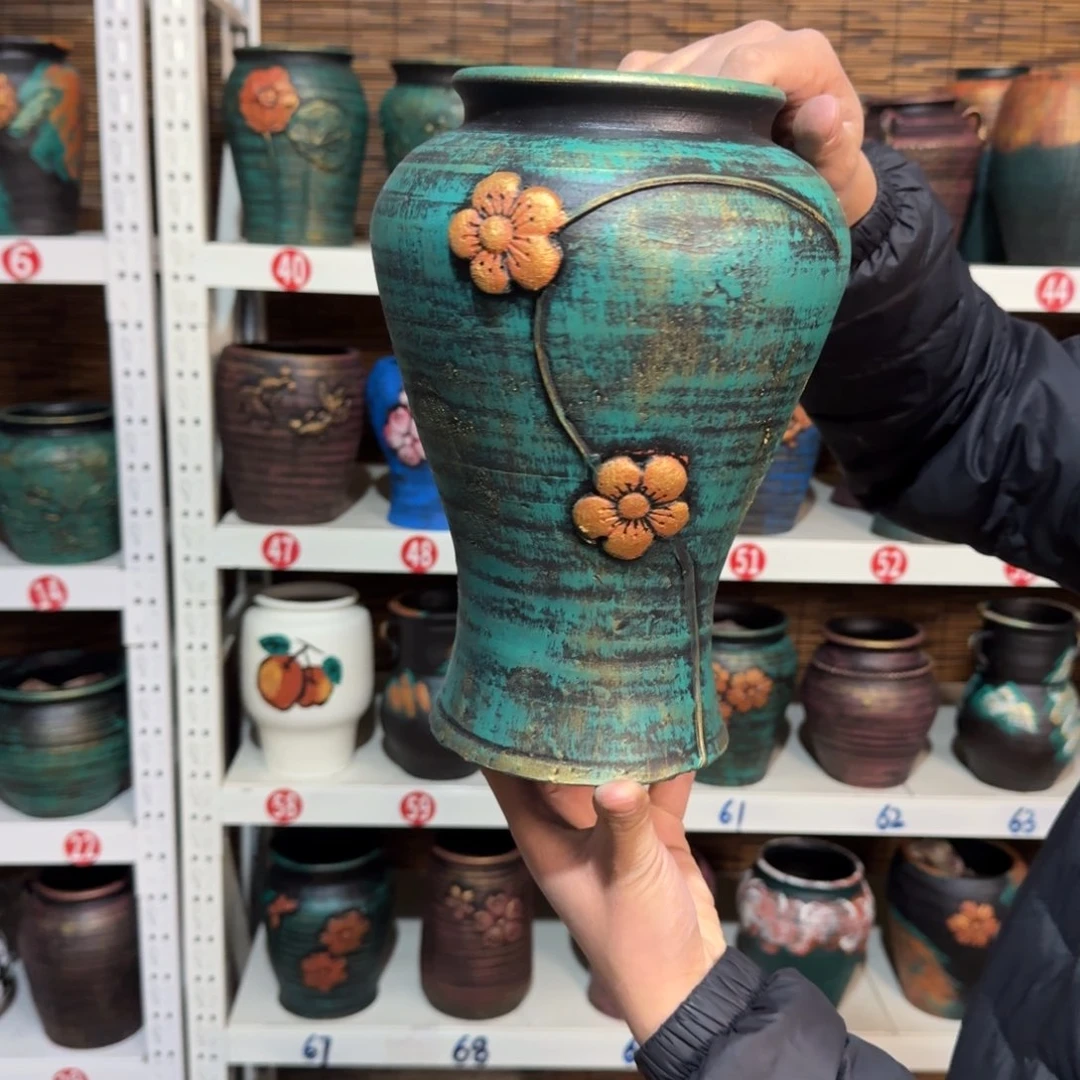 红陶红陶浮雕花盆炸炸炸