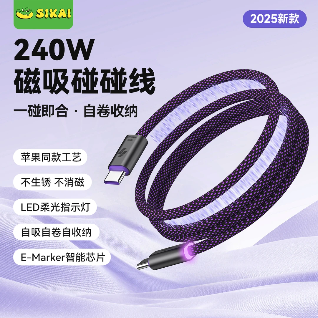 sikai240w磁吸碰碰线适用苹果17华为P80小米超级快充自收纳伸缩线