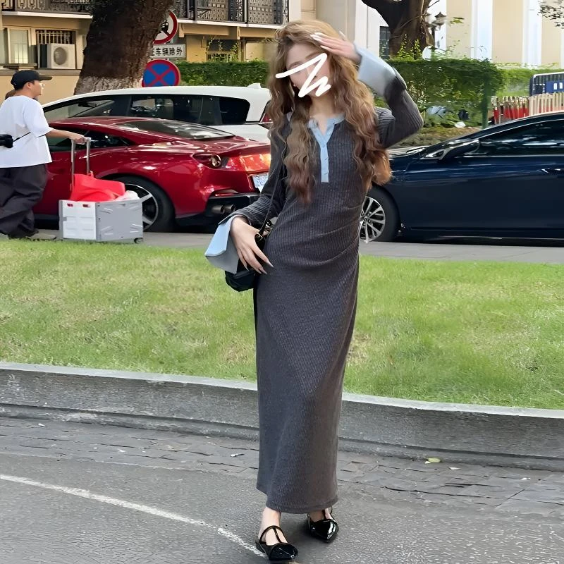 复古撞色袖口拼接长袖连衣裙女秋冬修身针织长裙显瘦收腰包臀裙子