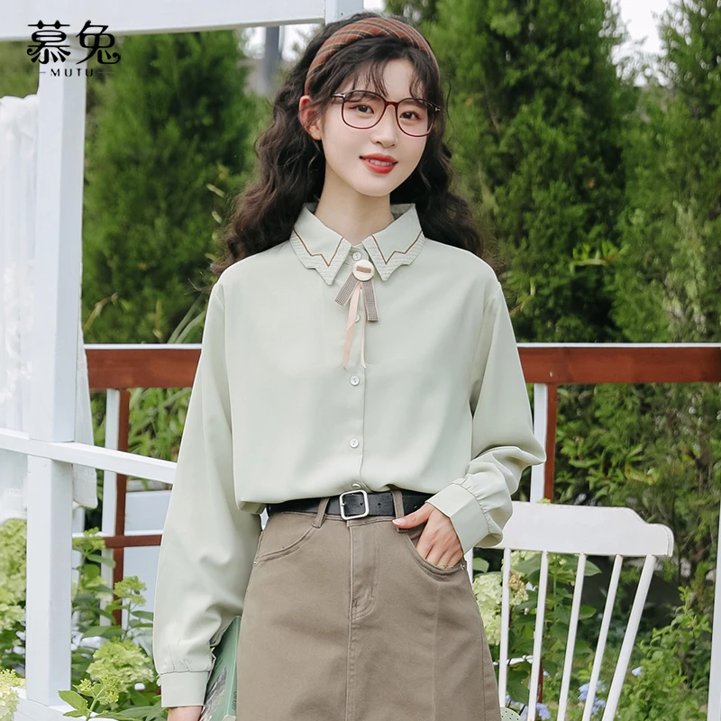 慕兔法式甜美宽松长袖衬衫女2024秋季别致设计感小众绿色上衣