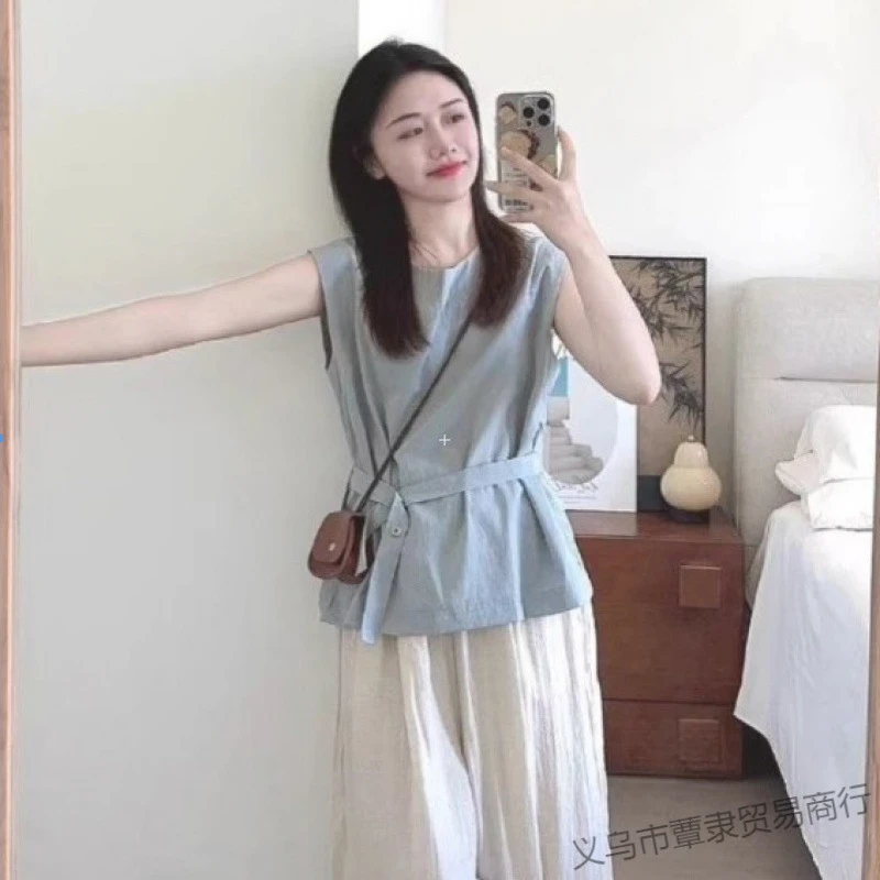2025夏季新款圆领无袖宽松显瘦系带收腰上衣韩系慵懒风减龄衬衫女