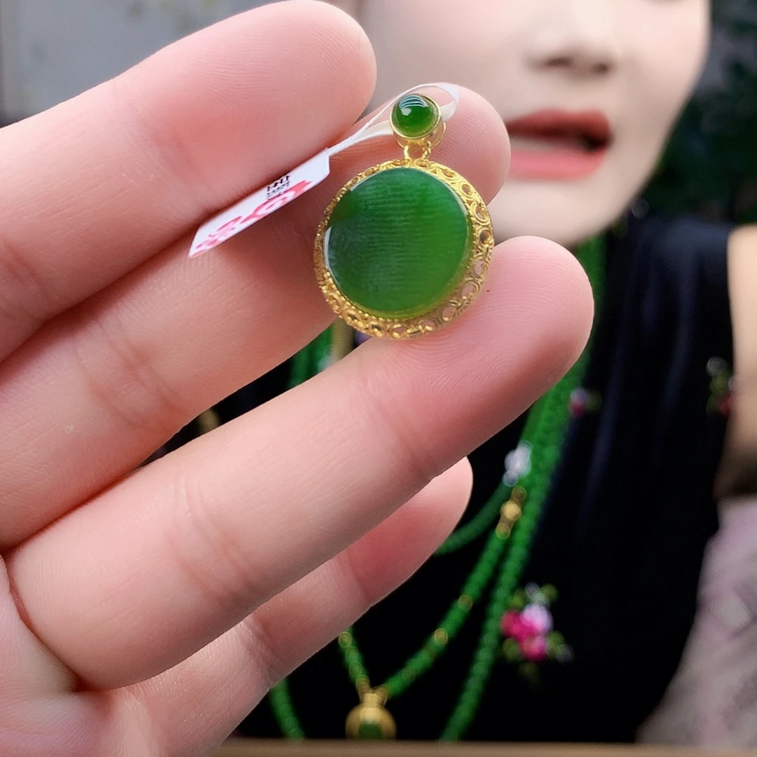 吊坠(不含链)银S925镶嵌和田玉（碧玉）吊坠