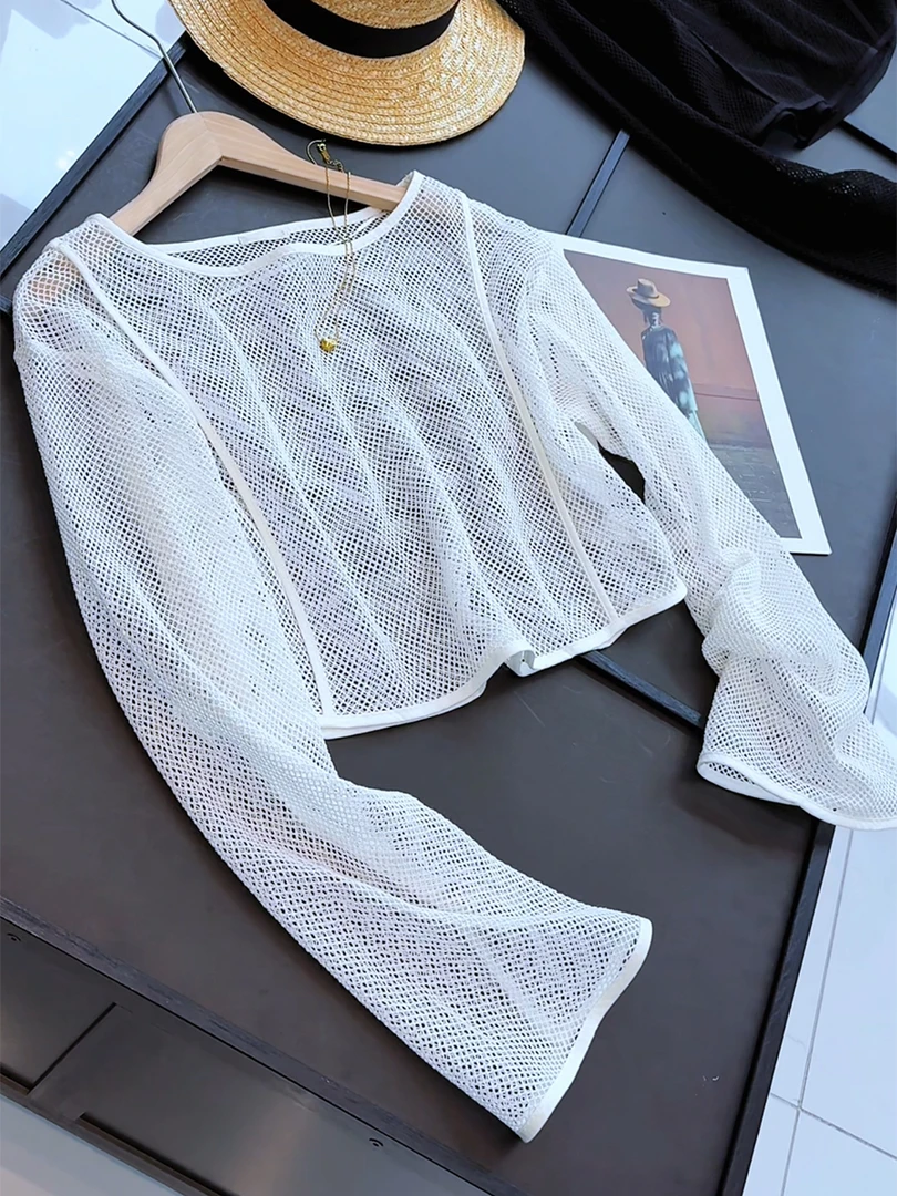 圆领镂空网眼开衫纯色百搭沙滩外搭显瘦春季长袖短外套上衣女