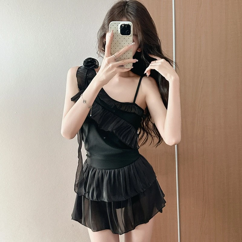 【少女心事】仙气游泳衣女连体平角荷叶边新款遮肚显瘦温泉泳装女