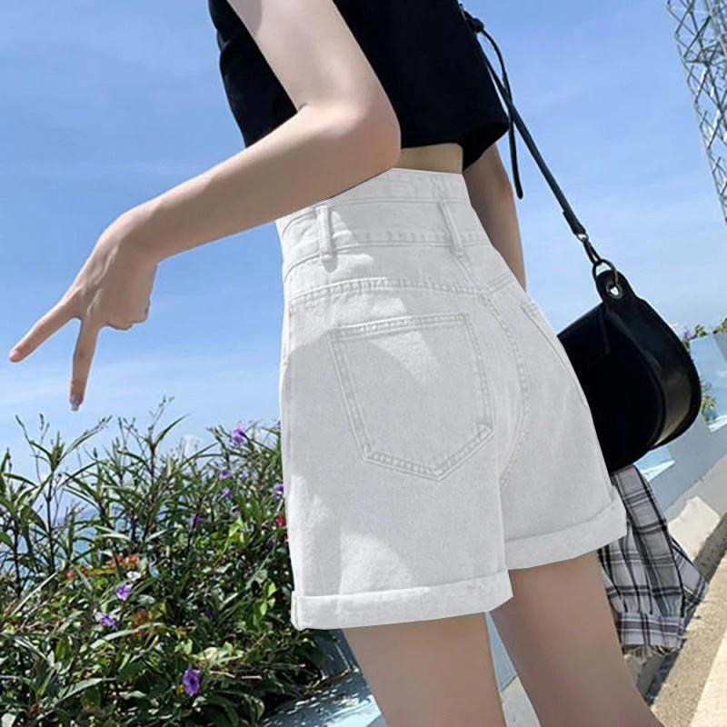 白色百搭超高腰牛仔短裤女2022夏新款宽松a字裤卷边显瘦热裤ins潮