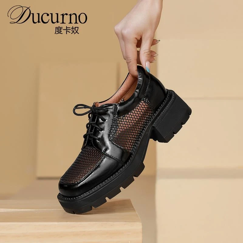 夏季网面单鞋女真皮厚底系带镂空网纱凉鞋2025年新款洞洞休闲鞋子