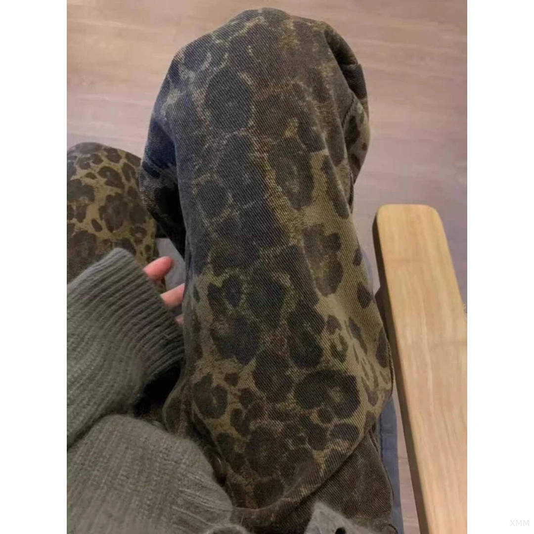 爱依服【正品撤柜】美式复古豹纹阔腿牛仔裤女春秋季大码胖mm高腰宽