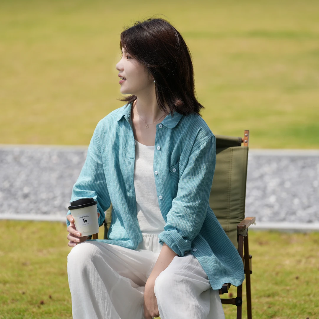 十五家25亚麻色织细腻亮彩条纹小翻领随性长袖防晒衬衫文艺女上衣