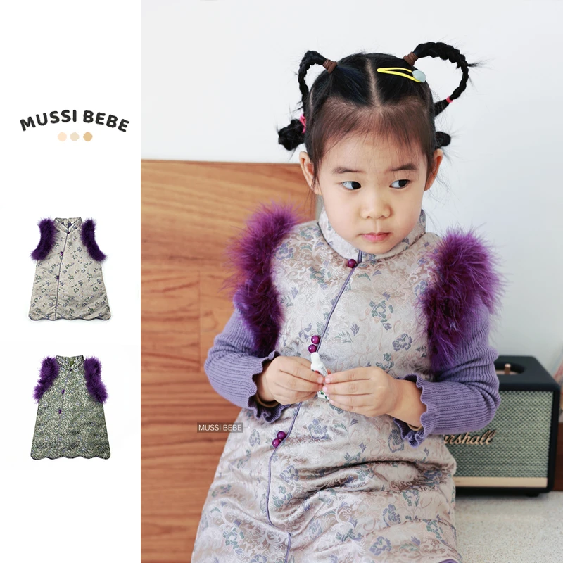 国色天香儿童马甲女童保暖马甲裙宝宝唐装汉服国风拜年服