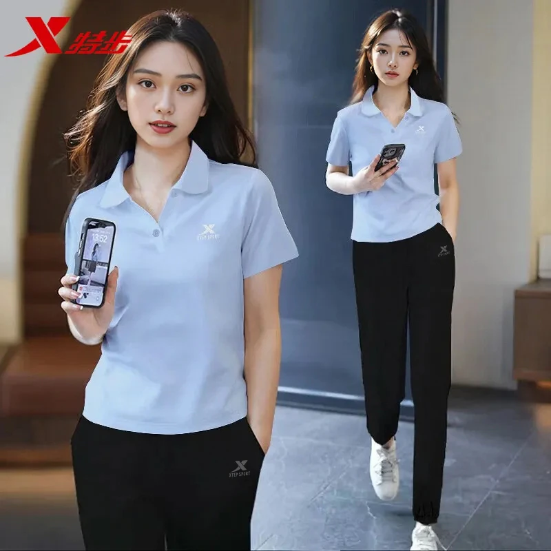 特步运动套装女夏季polo翻领短袖长裤冰丝透气休闲九分裤显瘦女士