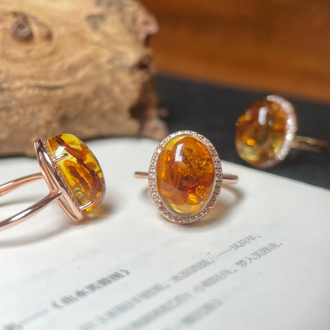 天然原矿花珀戒指气质轻奢时尚简约款（多样性发其一）