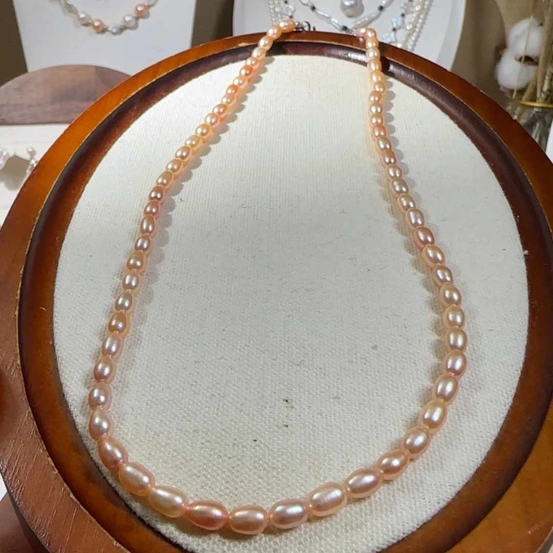 淡水珍珠银S925镶嵌项链香槟金小米链4-5mm