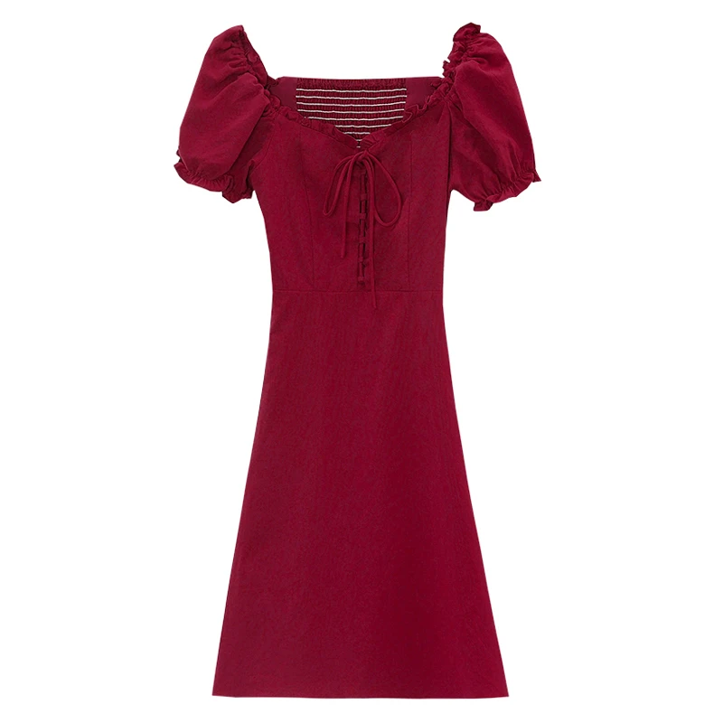 法式方领泡泡袖连衣裙女夏季桔梗气质设计感收腰显瘦红色a字短裙
