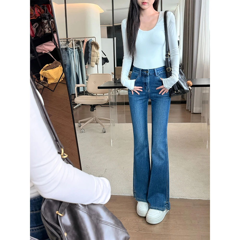 王家有鱼2025年早秋新款复古蓝高腰中低弹修身显瘦小微喇女裤长裤