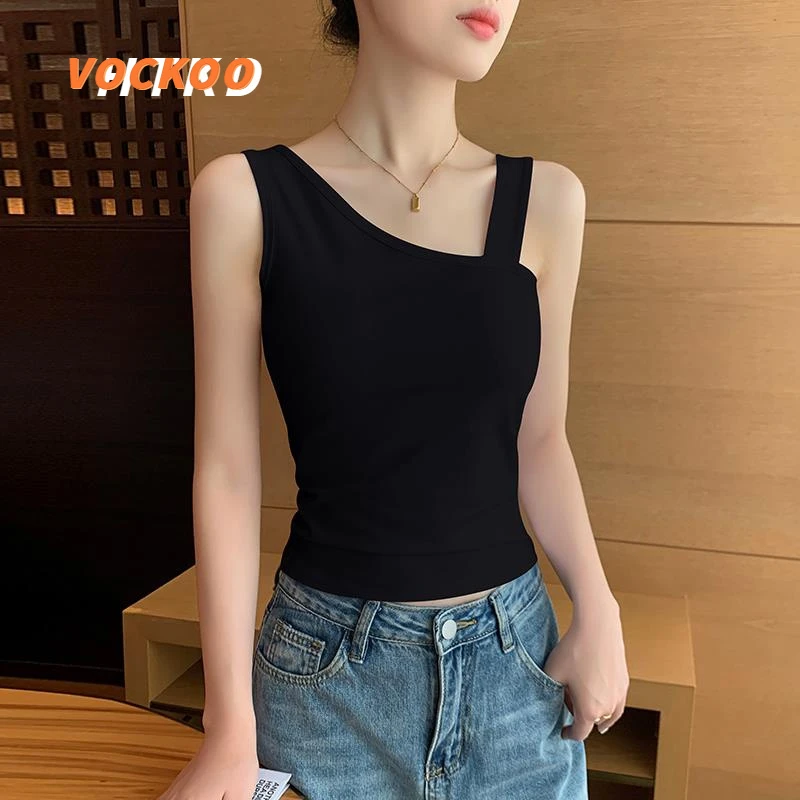 VOCKOO黑色斜肩吊带背心女2025新款纯棉打底内搭美背外穿设计感无