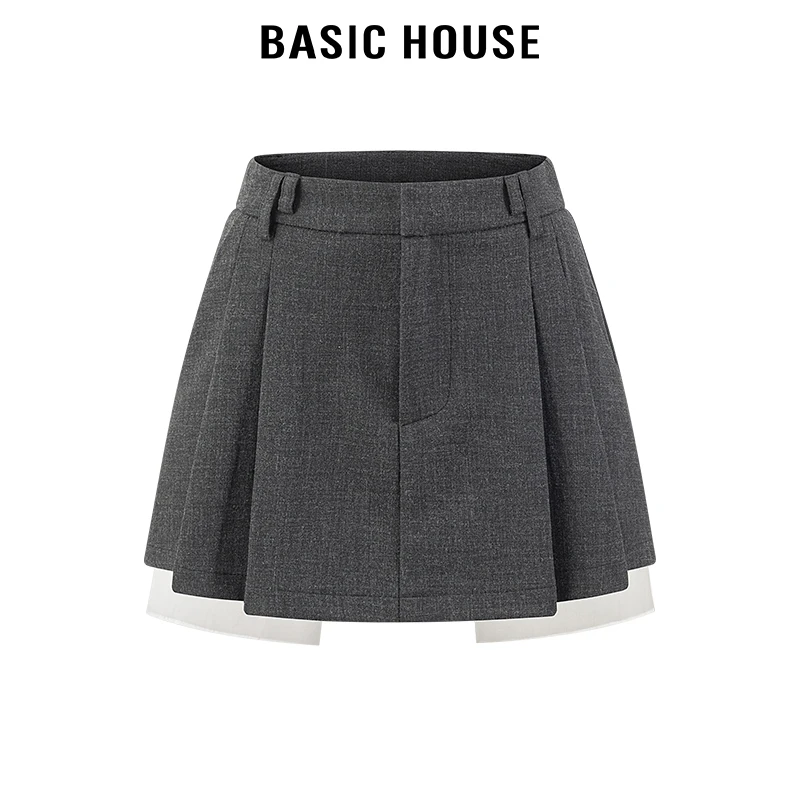 百家好/Basic House设计感双腰袢撞色毛边短款半身裙女小个子裙子