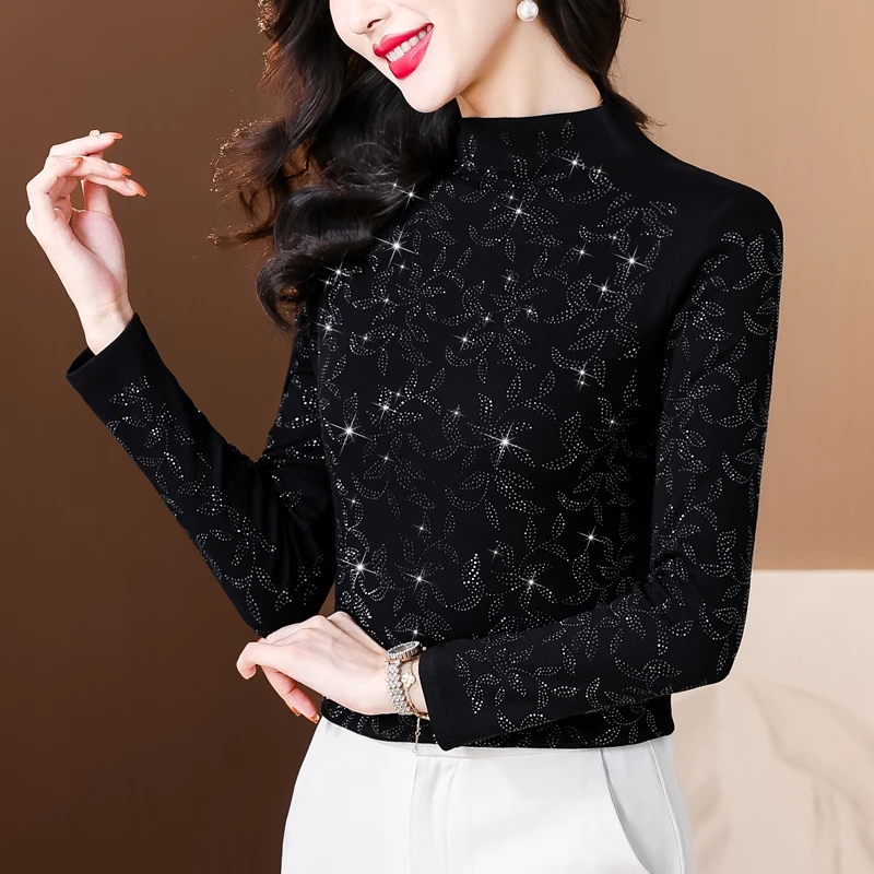 重工烫钻黑色高领长袖T恤打底衫女秋冬修身内搭显瘦洋气妈妈上衣