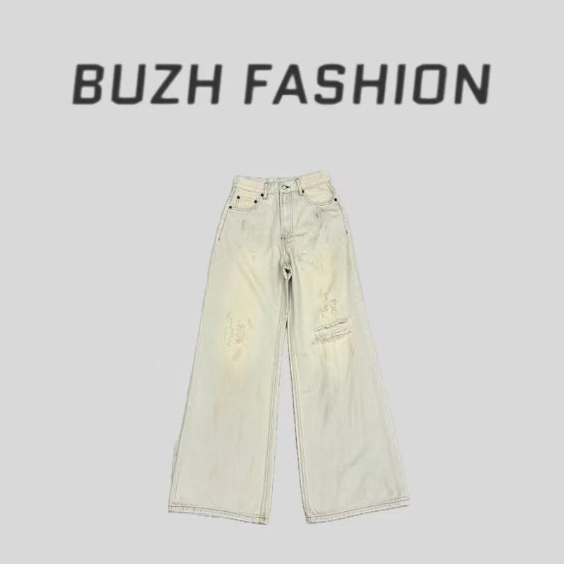 BUZH夏季新款时髦小众设计感做旧破洞直筒阔腿牛仔裤