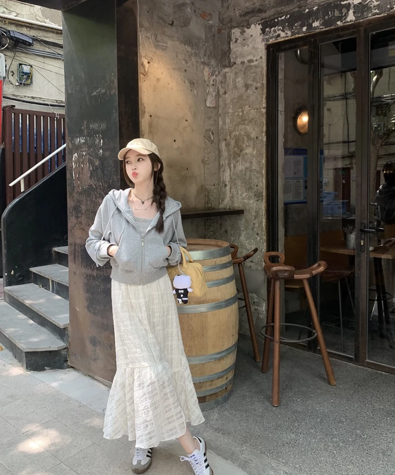 H*llo nini 美式女高 灰色连帽拉链短款卫衣女春宽松百搭开衫外套