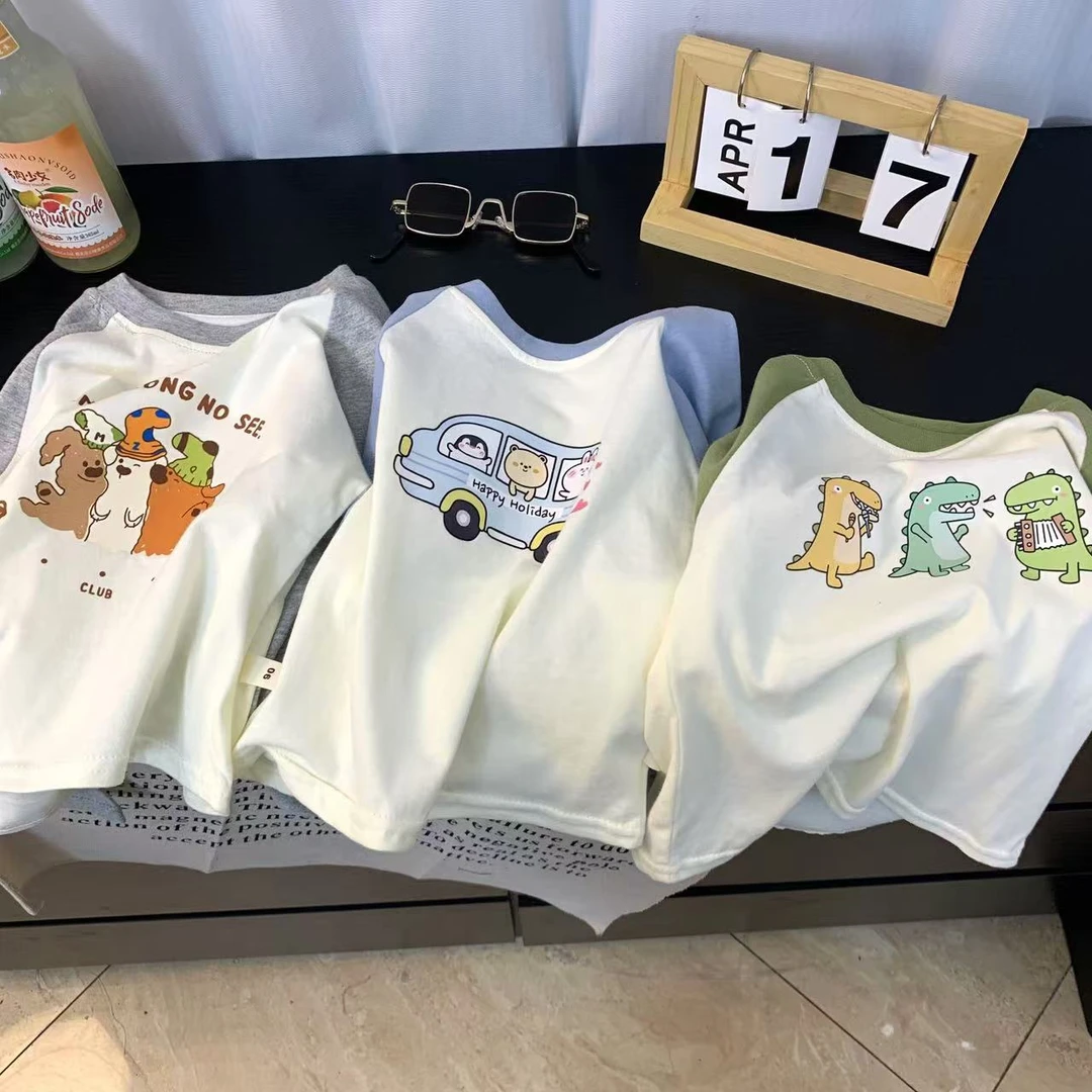 春季新款卡通印花插肩袖纯棉长袖打底T恤百搭圆领韩版