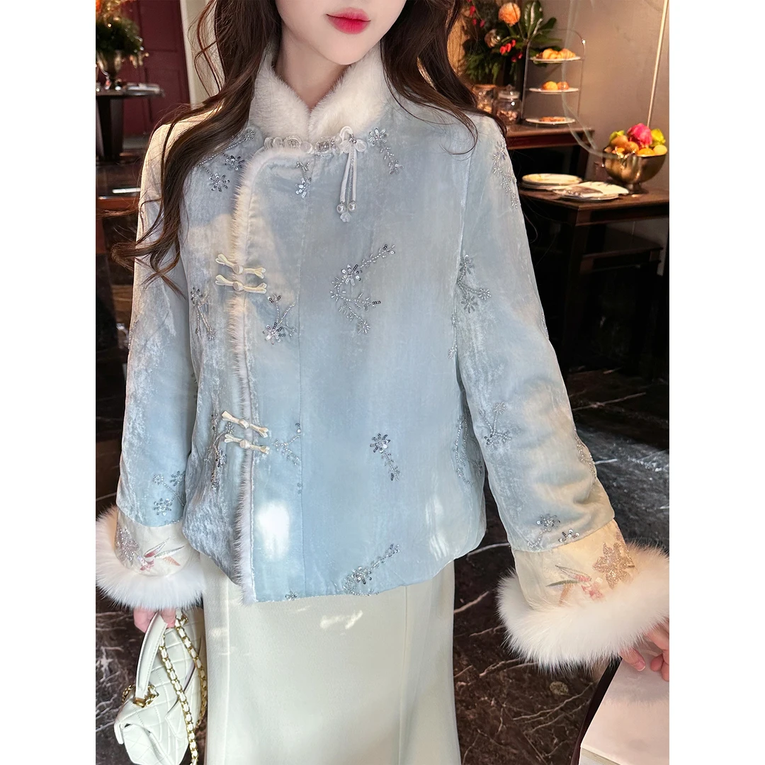 GA盈瓷【仙冰蓝】冬季新款丝绒盘银绣外套女 24FW1196