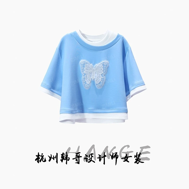 【韩哥女装】2025欧版《波上寒烟翠》天蓝色蝴蝶钉珠绣花圆领短袖6299