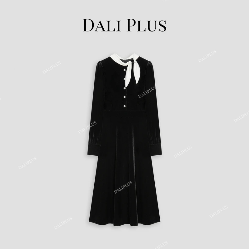 DALI PLUS法式复古蝴蝶结气质丝绒显瘦长袖连衣裙-D4XL0056