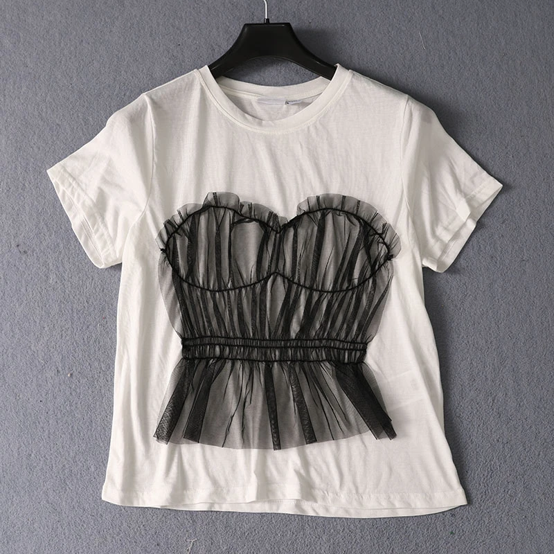 时尚蕾丝设计感短袖T恤  高级显瘦洋气感百搭T恤