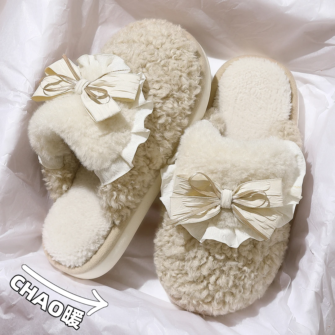 FZT情侣棉拖鞋女款冬季室内居家防滑厚底毛绒保暖蝴蝶结毛毛拖鞋