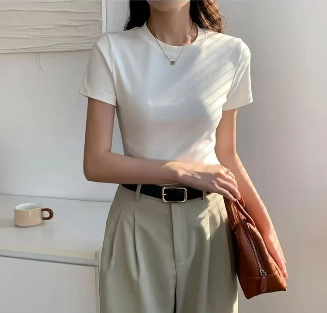 夏季螺纹棉【收腰修身款】百搭圆领短袖T恤女辣妹休闲打底衫