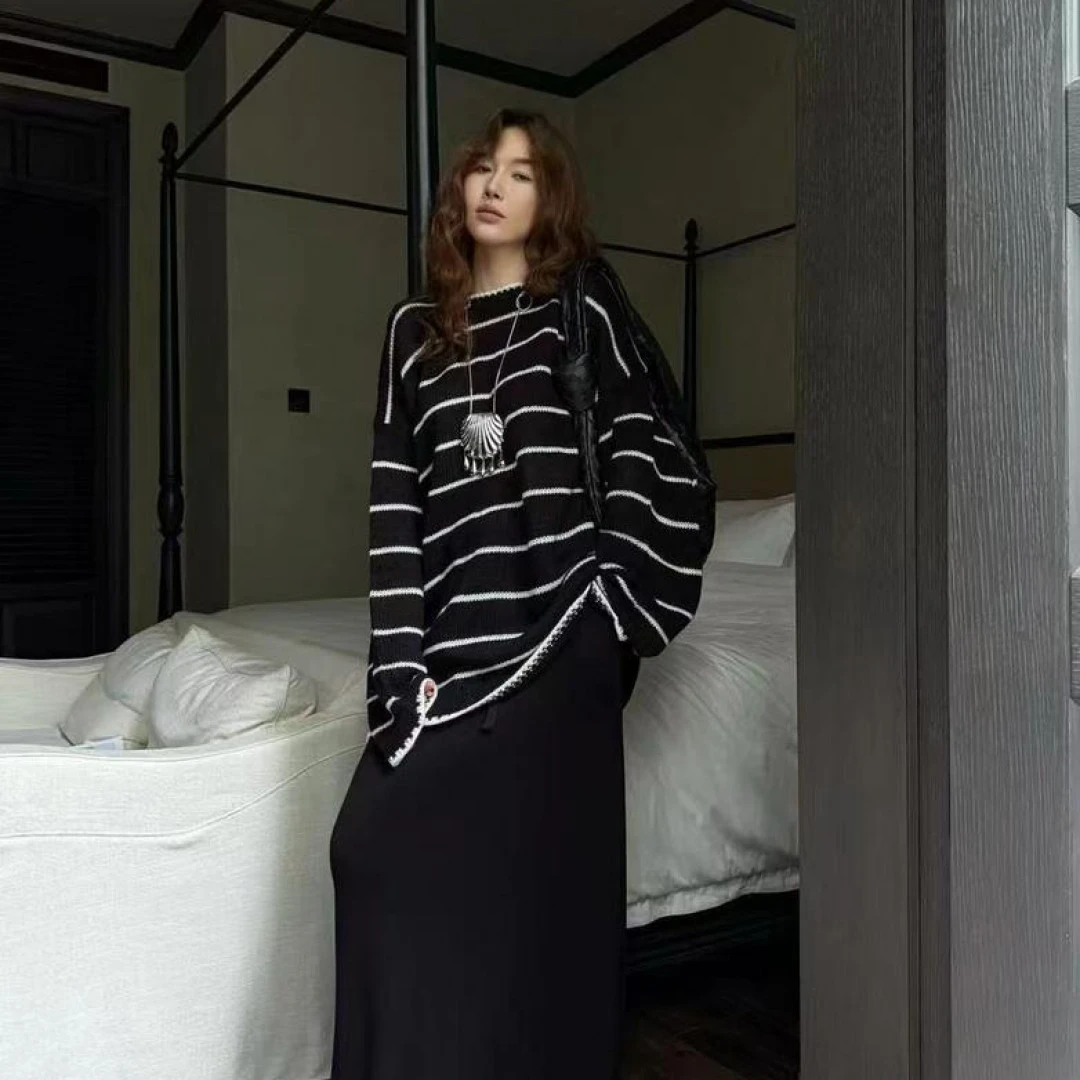 2025秋季新款宽松慵懒风休闲条纹中长款针织衫毛衣女