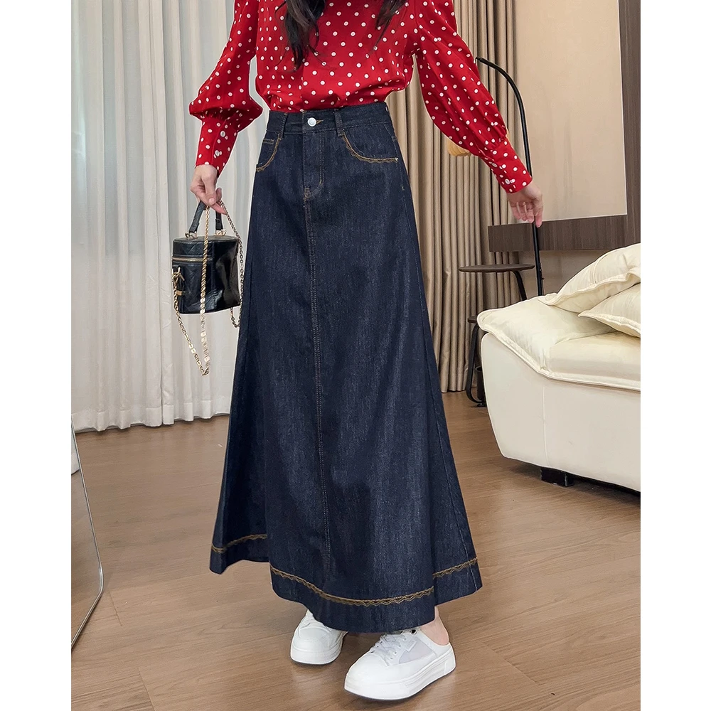 0696复古丹宁色牛仔半身裙女2025高腰显瘦港风小个子A字长裙