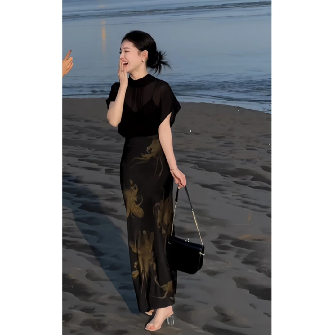 今年流行漂亮优雅女神范时尚蝙蝠袖衬衫印花半身裙两件套装夏