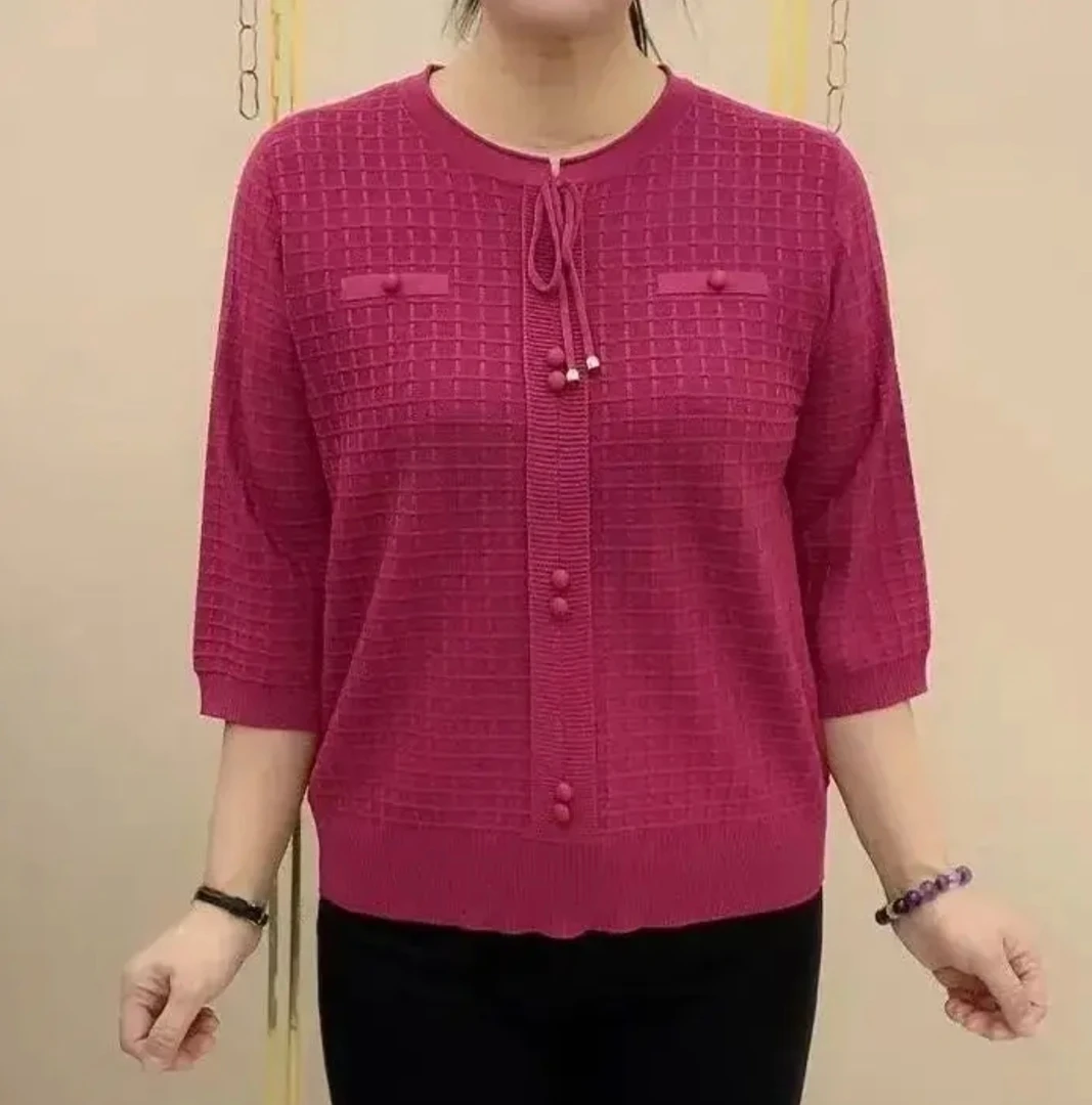 大码薄款宽松女女士夏季七分袖针织衫毛针织衫七分袖