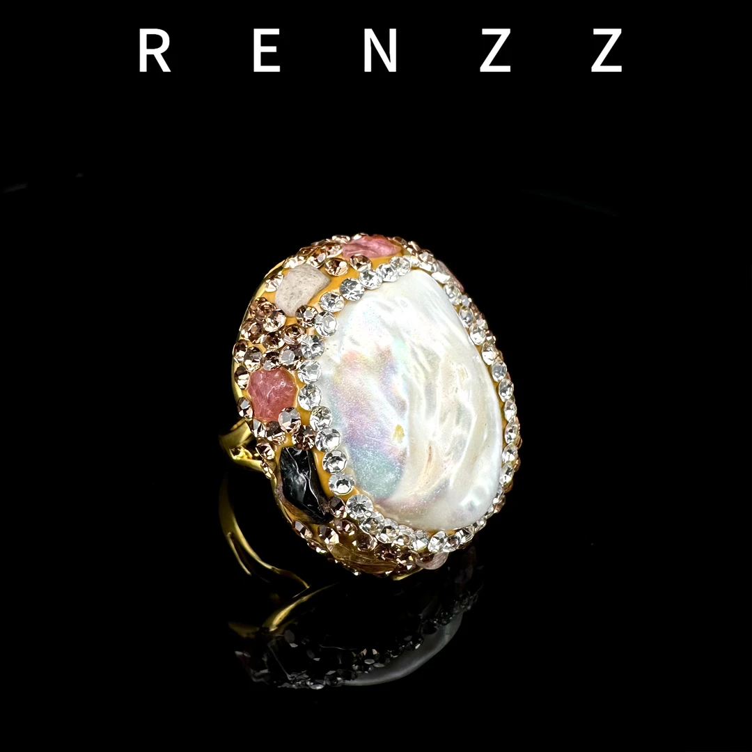 7614天然淡水珍珠巴洛克碧玺彩色花之舞戒指