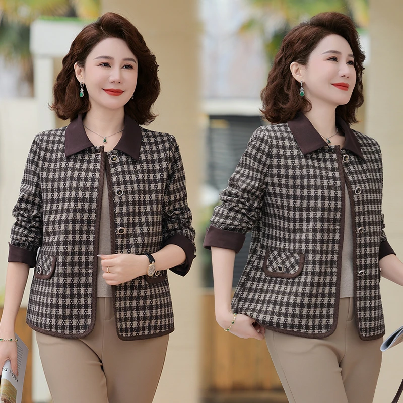 妈妈春秋外套洋气新款中年女休闲风衣中老年人秋装翻领夹克衫上衣