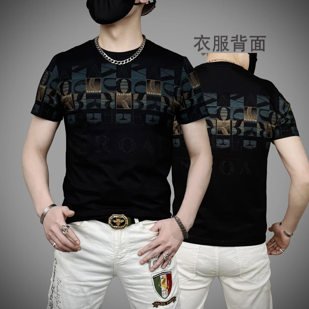 夏季轻奢潮流时尚网红欧若风品质个性男士款烫钻百搭修身圆领短袖