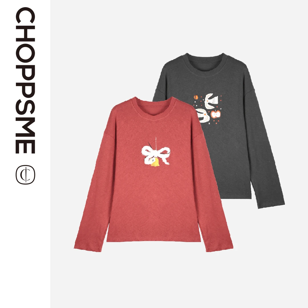 巧珀思｜17389/90轻薄竹节亚麻棉铃铛伊甸园印花落肩长袖宽松T恤