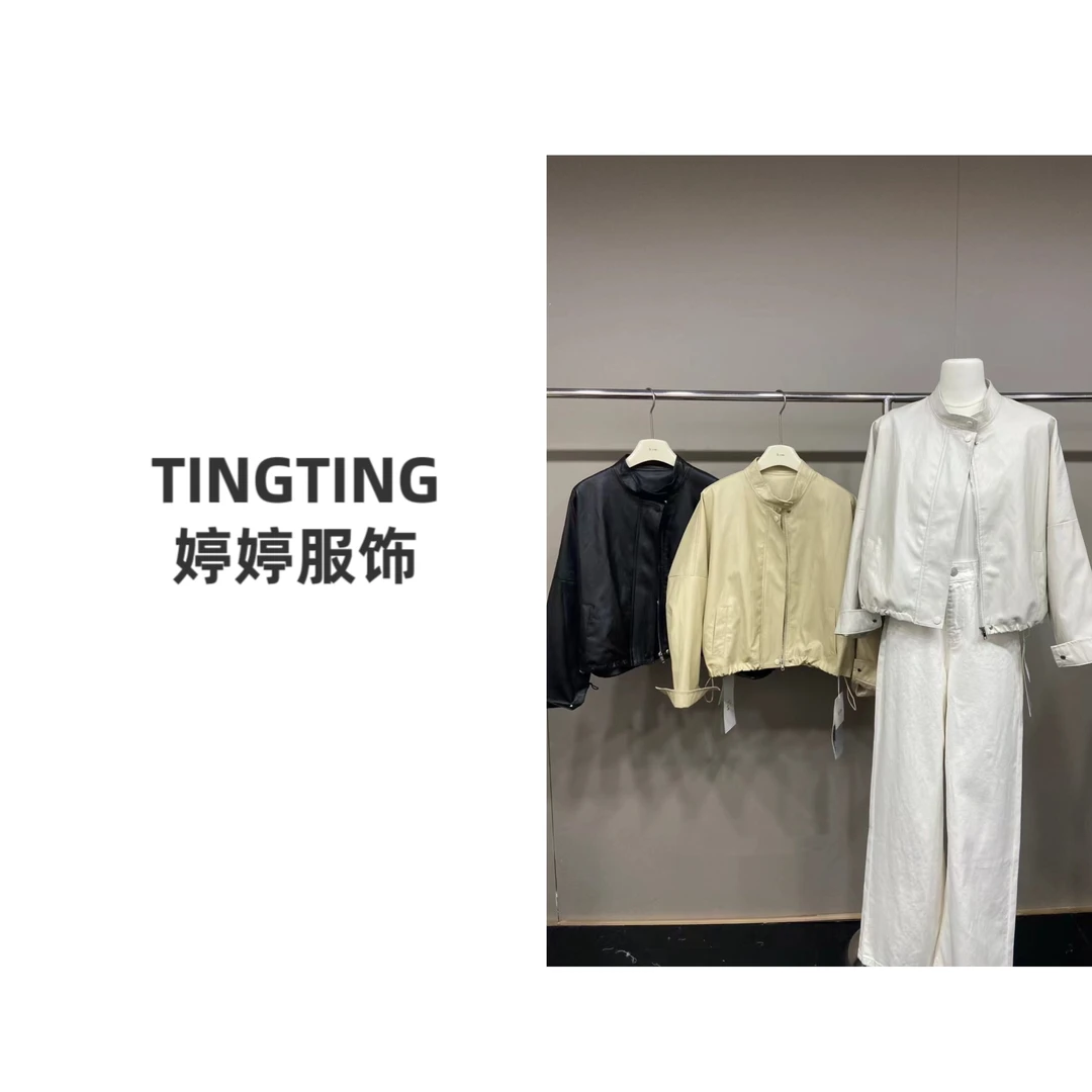 【TINGTING】新款宽松抽绳显瘦立领皮衣外套短款百搭