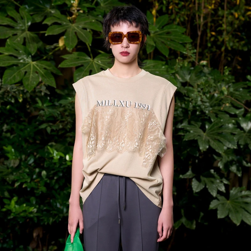 U/TI/尤缇【milixu联名款】蕾丝拼接休闲显瘦T恤上衣女
