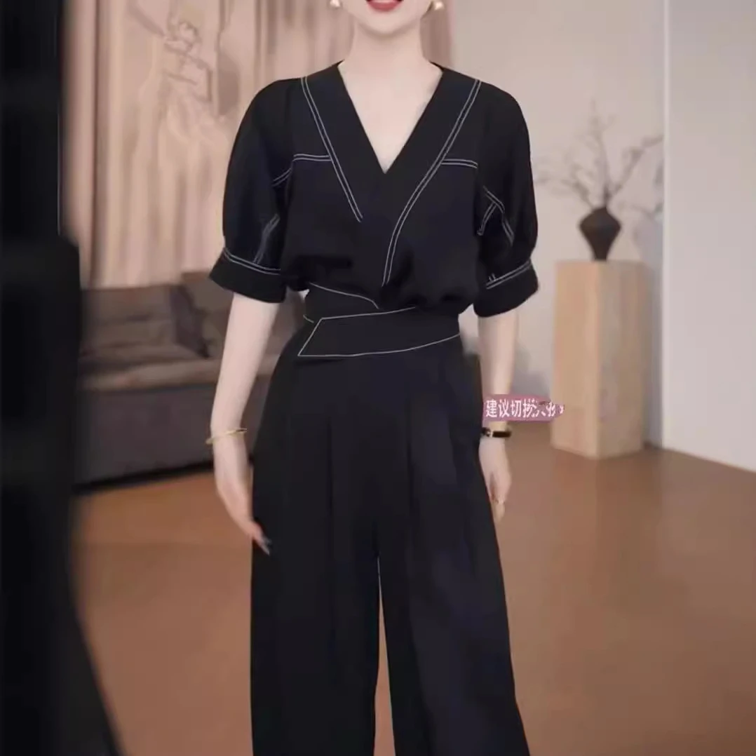 2025夏季新款盐系轻熟设计感宽松显瘦上衣魔术贴阔腿裤两件套装女