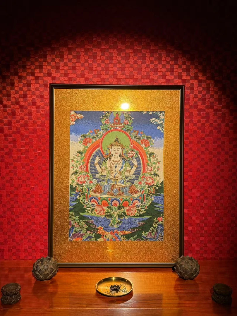 非遗宋锦织造刺绣【四臂观音】挂画实木装裱适合客厅玄关书房茶室