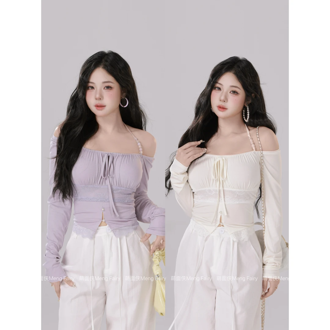 萌面侠【纯欲美人】纯欲设计感拼接蕾丝两穿长袖上衣5746M