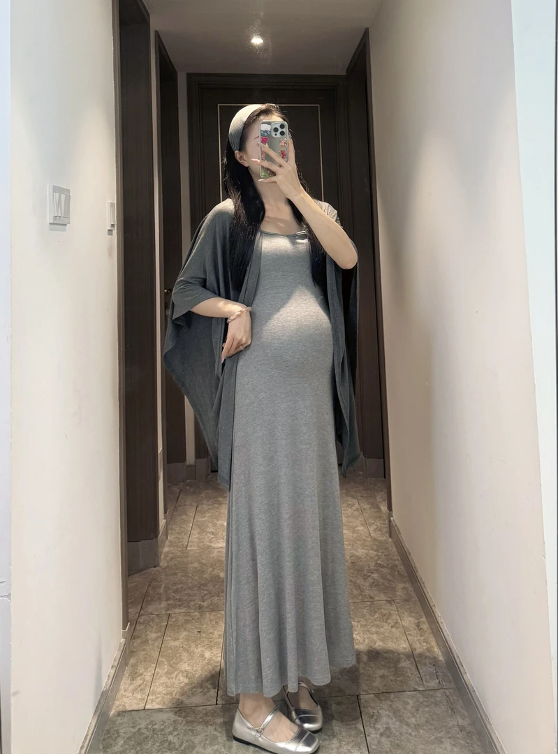 孕妇裙子2025夏季新款韩系松弛感垂感吊带连衣裙百搭防晒披肩套装