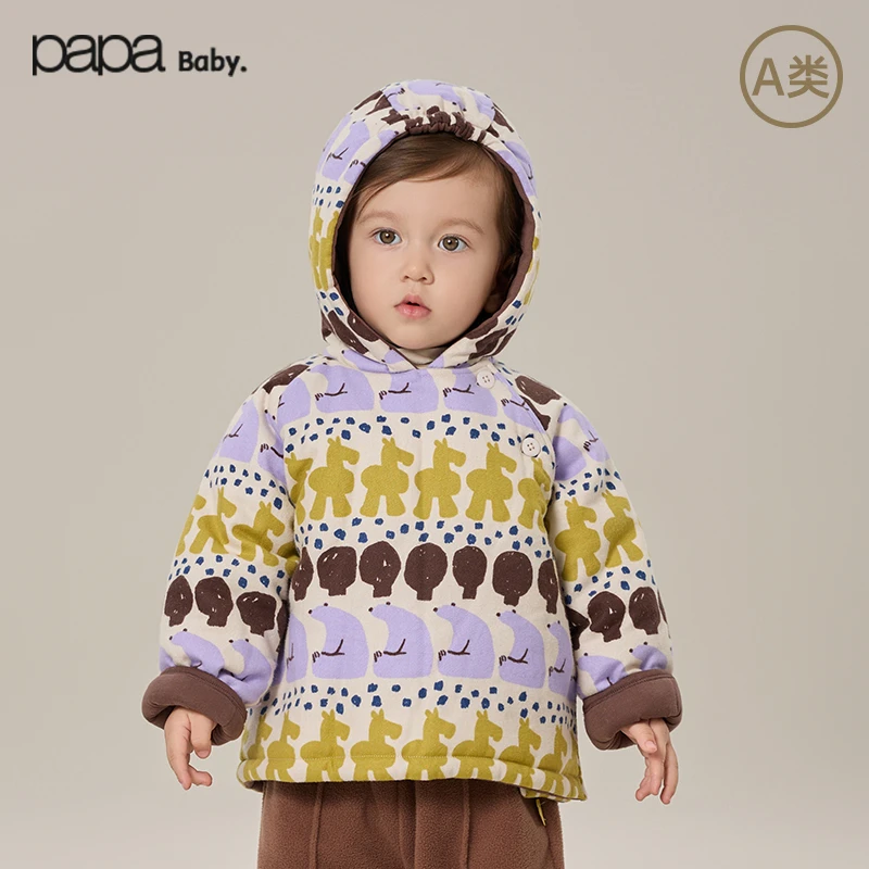 papa新品磨毛水洗棉布印花斜襟棉服男女宝宝同款游牧风棉服