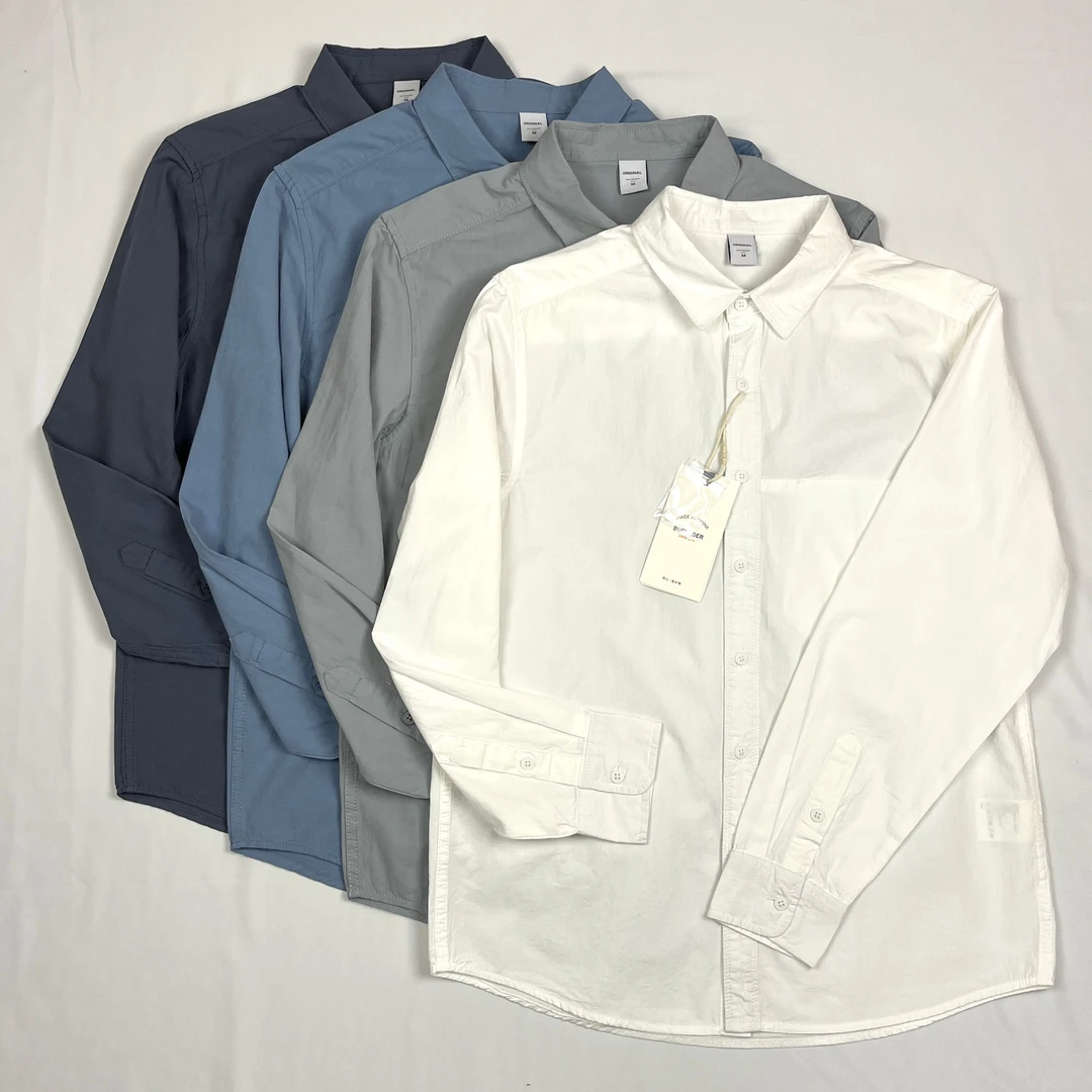 春季新款纯色纯棉男士衬衫外贸休闲百搭时尚潮流水洗长袖衬衣外套