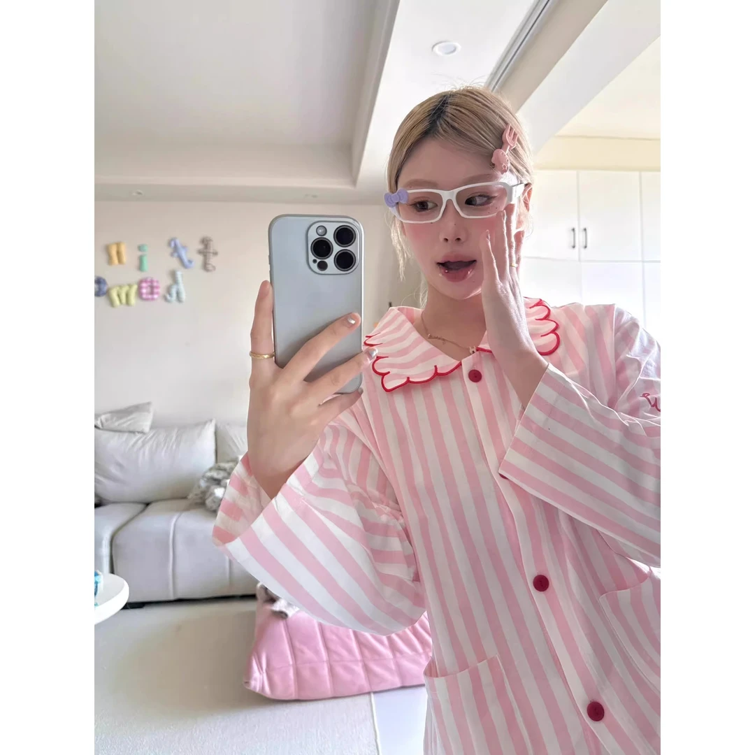 洋气撞色条纹粉色慵懒风睡衣女春夏新款少女感开衫长裤套装家居服