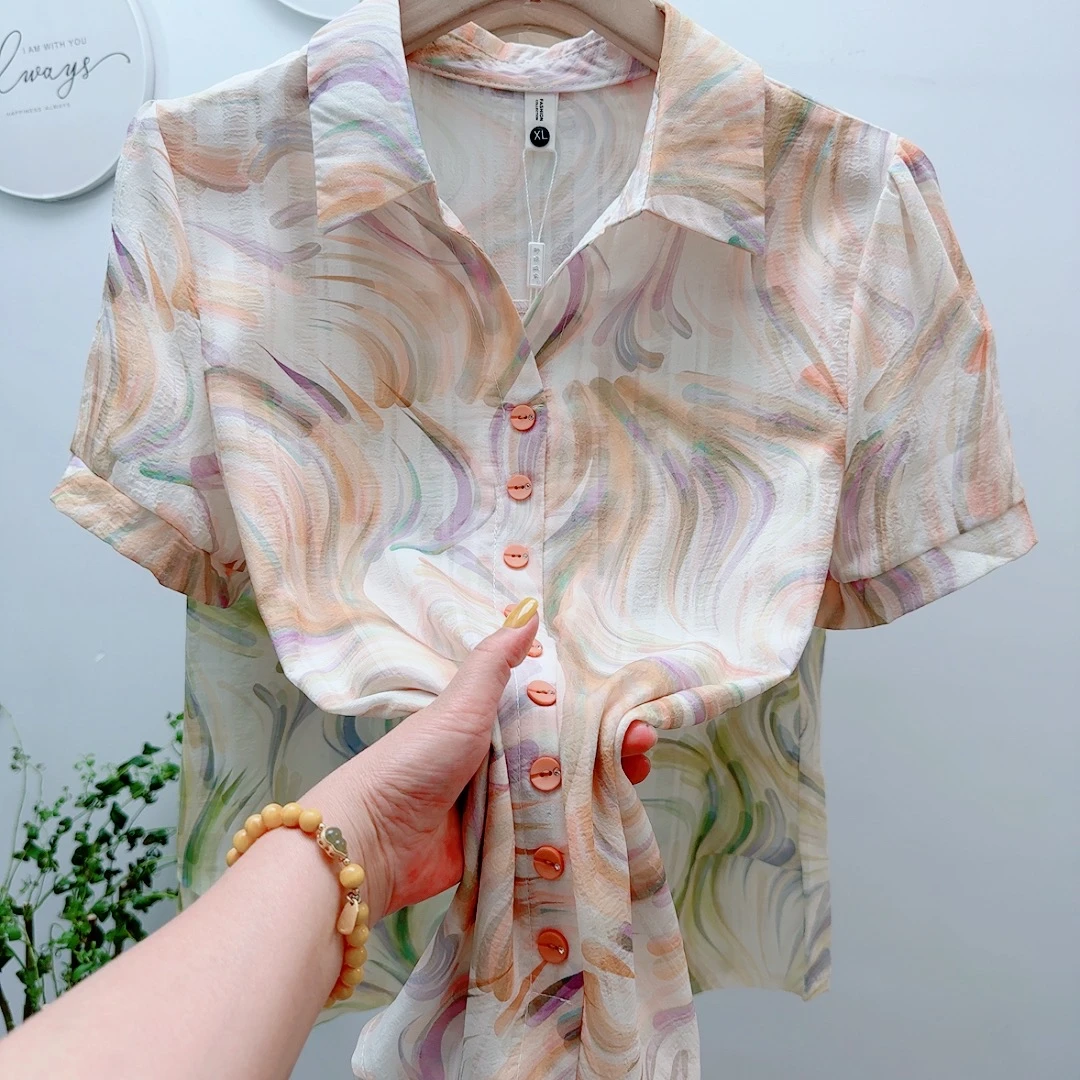 宽松衬衫夏季碎花新款洋气气质上衣印花减龄妈妈小衫短袖衬衣轻薄